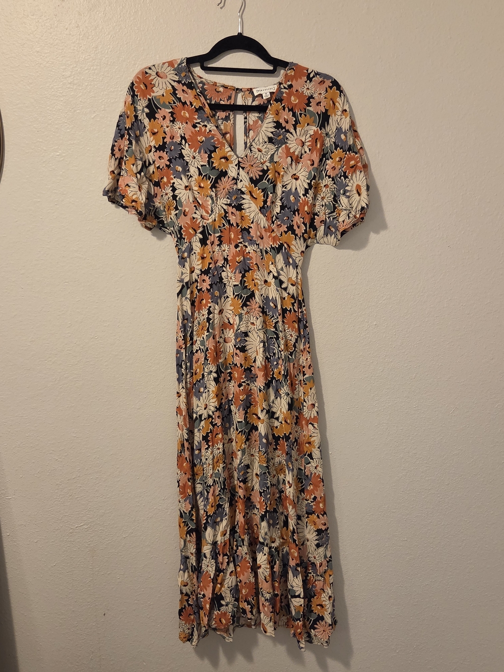 Warehouse Navy Floral Wrap Midi Dress with Orange and Cream Blooms